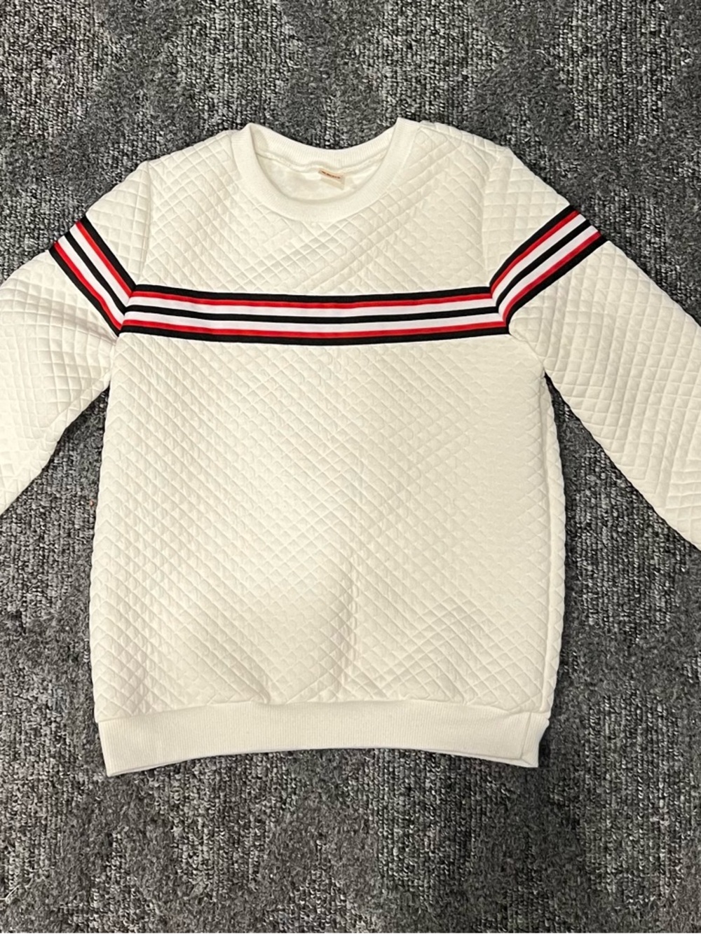 Kids Quilted White Sweatshirt with Red & Black Stripe Detail